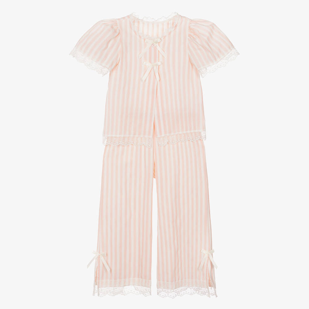 AMIKI Children-Girls Pink & White Striped Cotton Pyjamas | Childrensalon