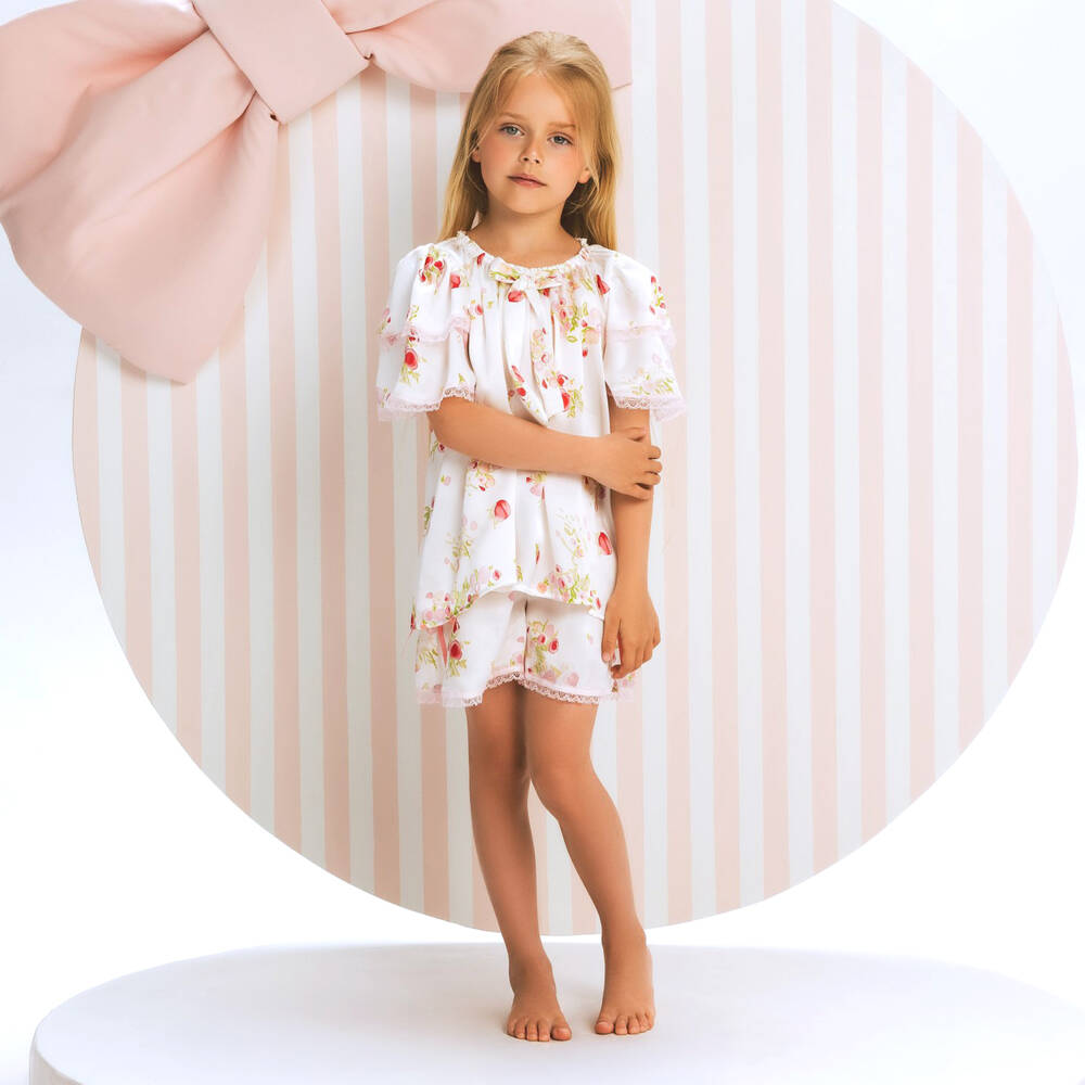 AMIKI Children-Girls White & Pink Floral Silk Short Pyjamas | Childrensalon