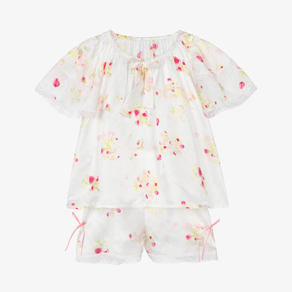 AMIKI Children-Girls White & Pink Floral Silk Short Pyjamas | Childrensalon
