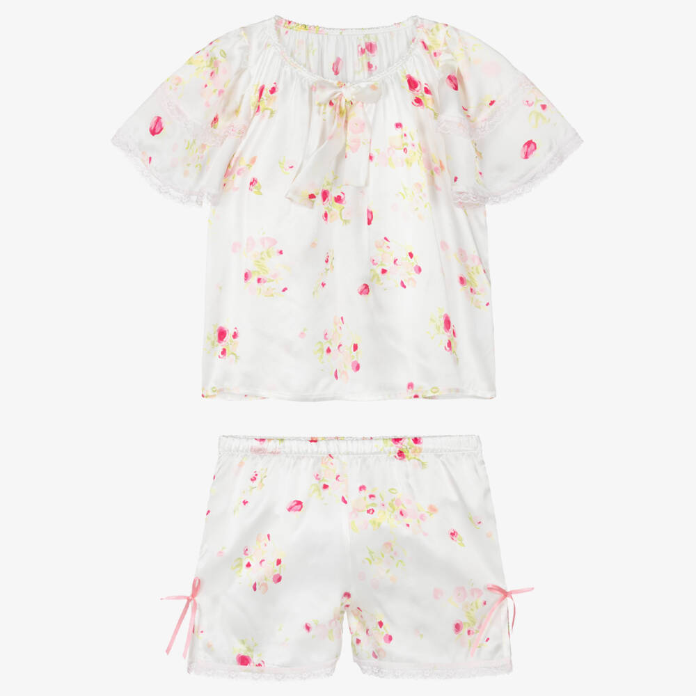 AMIKI Children-Girls White & Pink Floral Silk Short Pyjamas | Childrensalon