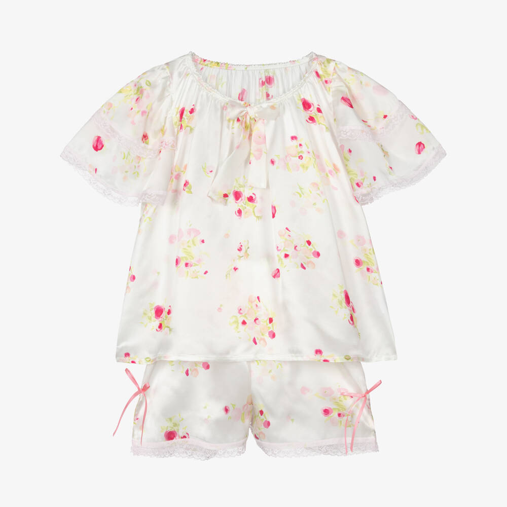 AMIKI Children-Girls White & Pink Floral Silk Short Pyjamas | Childrensalon