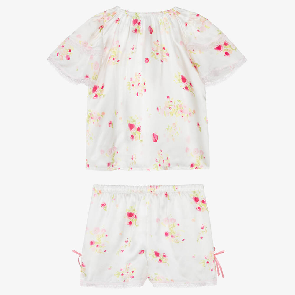 AMIKI Children-Girls White & Pink Floral Silk Short Pyjamas | Childrensalon