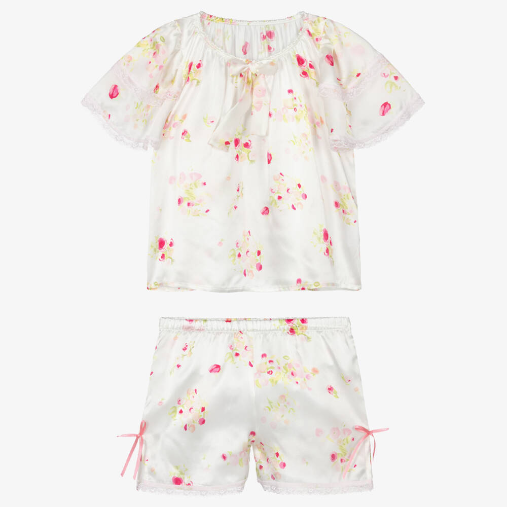 AMIKI Children-Girls White & Pink Floral Silk Short Pyjamas | Childrensalon