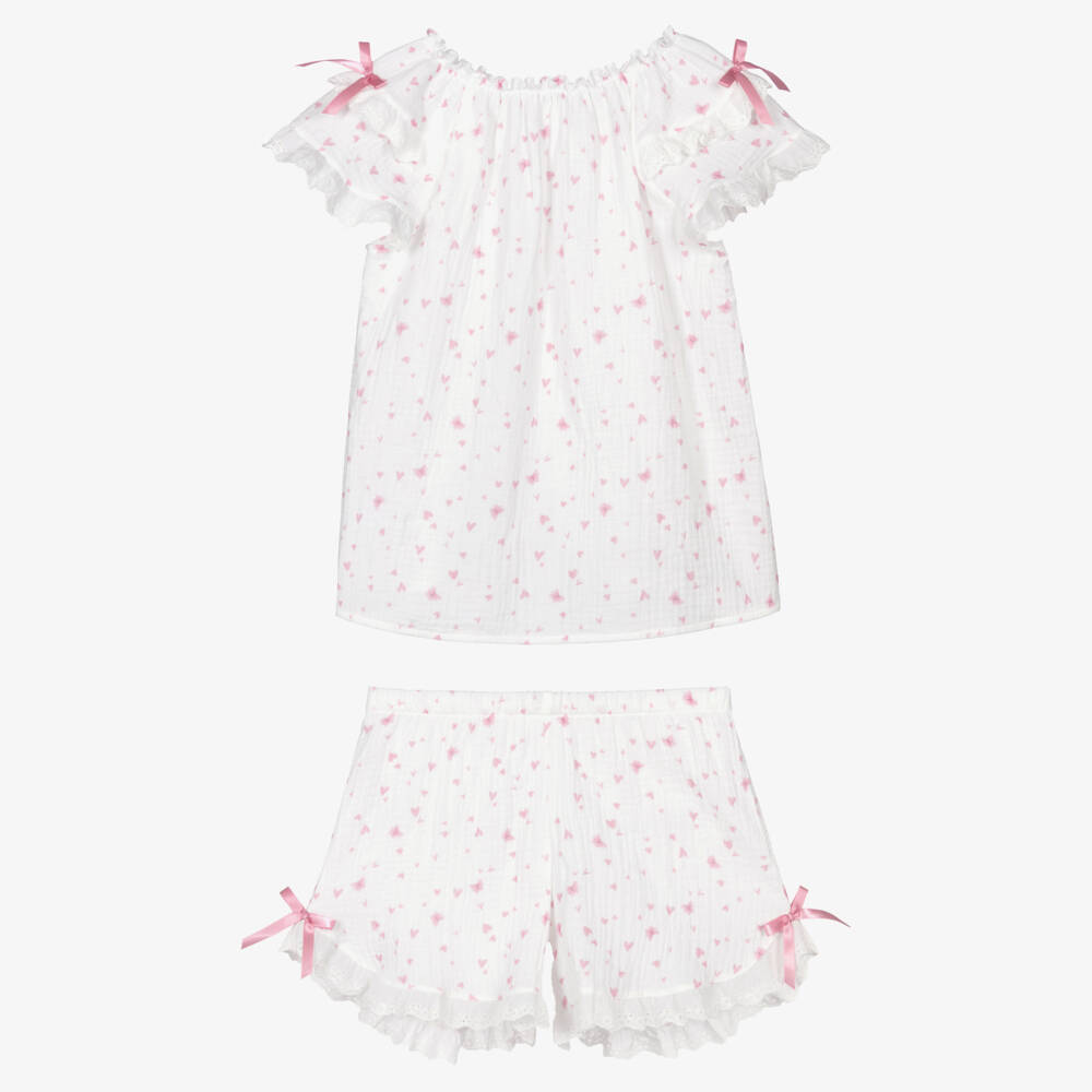 AMIKI Children-Girls White & Pink Heart Print Short Pyjamas | Childrensalon