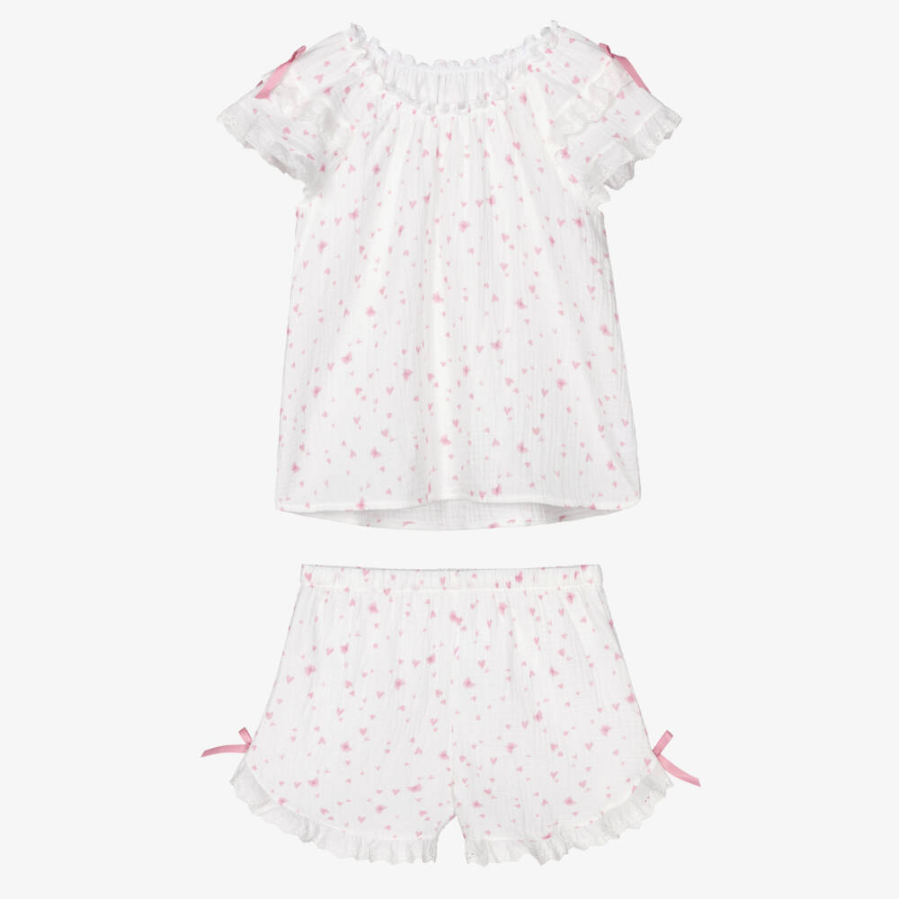 AMIKI Children-Girls White & Pink Heart Print Short Pyjamas | Childrensalon