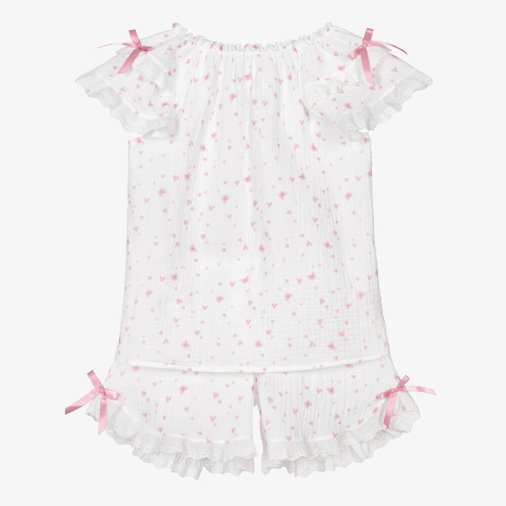 AMIKI Children-Girls White & Pink Heart Print Short Pyjamas | Childrensalon