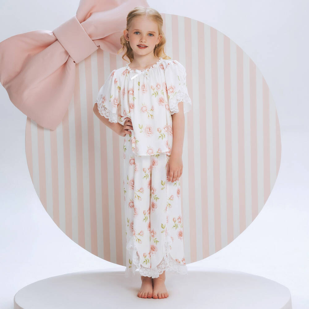 AMIKI Children-Girls White & Pink Rose Print Pyjamas with Lace Trims | Childrensalon