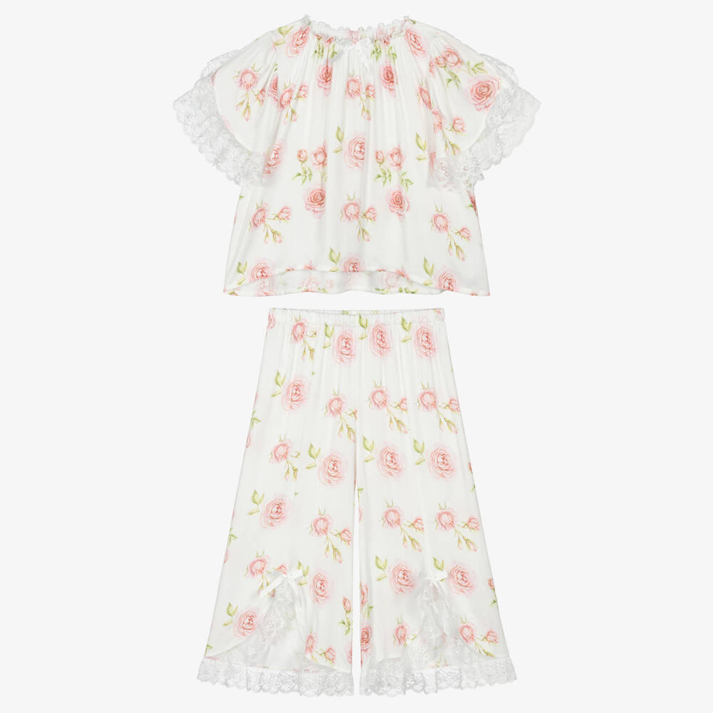 AMIKI Children-Girls White & Pink Rose Print Pyjamas with Lace Trims | Childrensalon