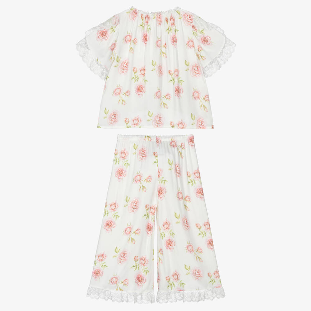 AMIKI Children-Girls White & Pink Rose Print Pyjamas with Lace Trims | Childrensalon