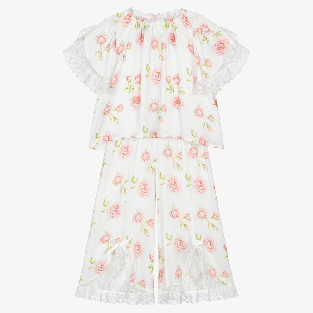 AMIKI Children-Girls White & Pink Rose Print Pyjamas with Lace Trims | Childrensalon