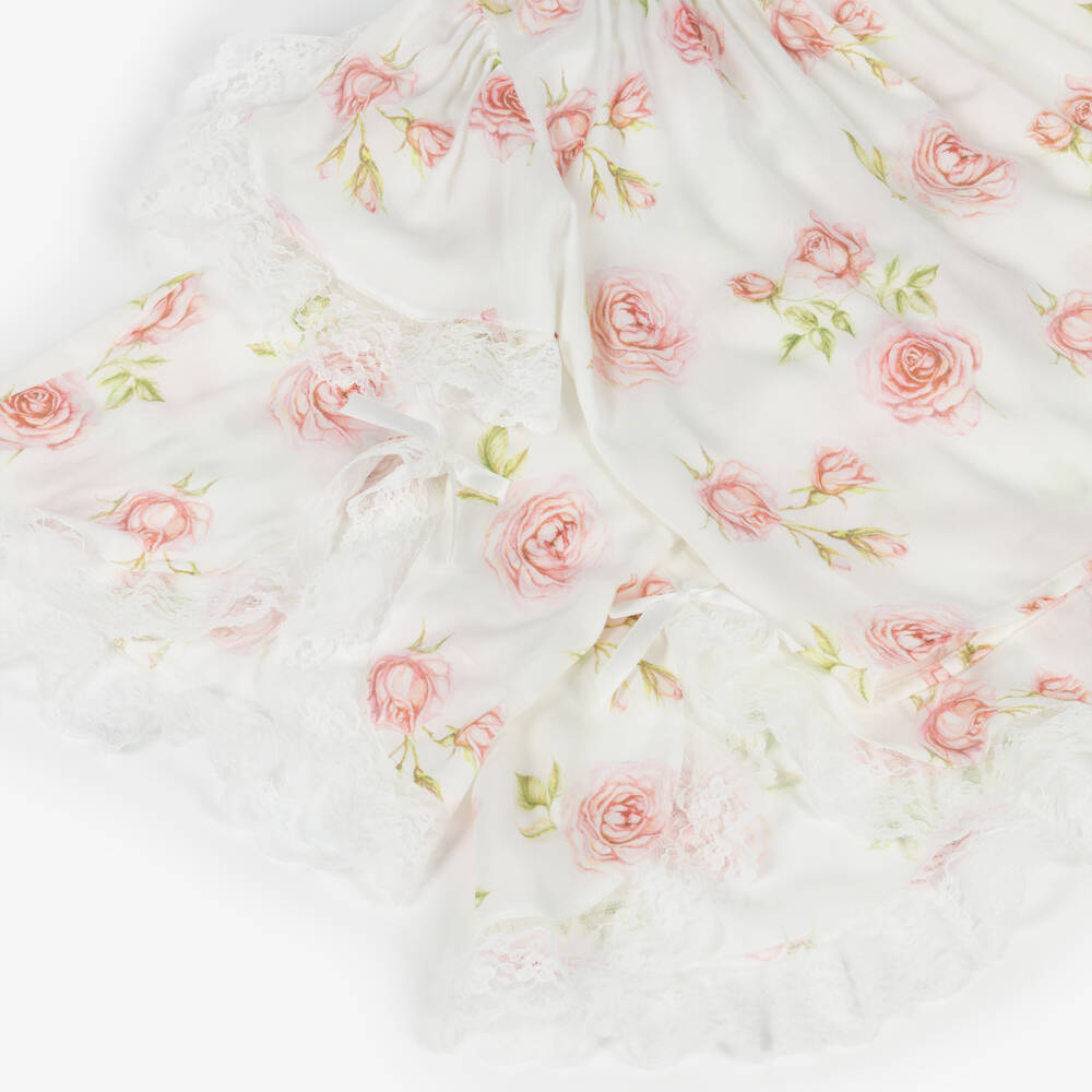 AMIKI Children-Girls White & Pink Rose Print Pyjamas with Lace Trims | Childrensalon