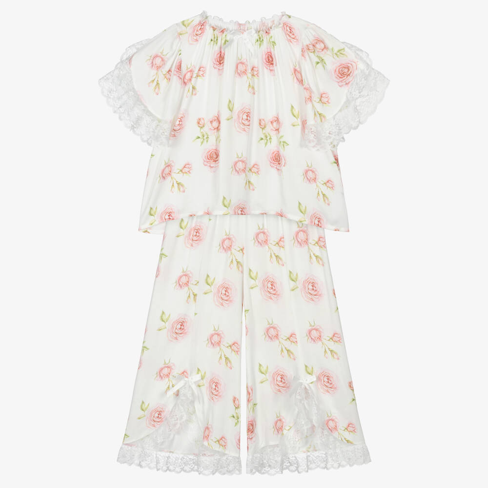 AMIKI Children-Girls White & Pink Rose Print Pyjamas with Lace Trims | Childrensalon