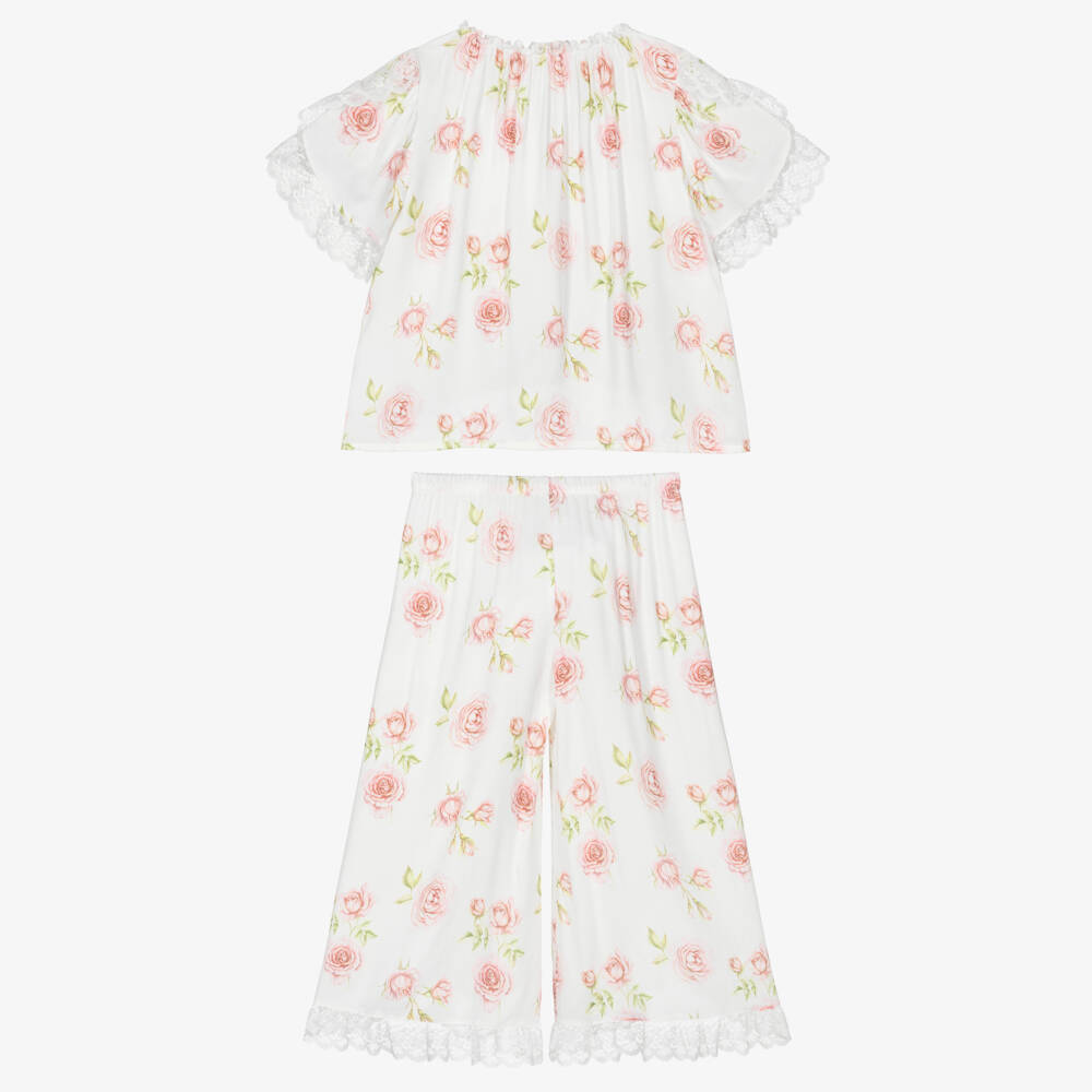 AMIKI Children-Girls White & Pink Rose Print Pyjamas with Lace Trims | Childrensalon