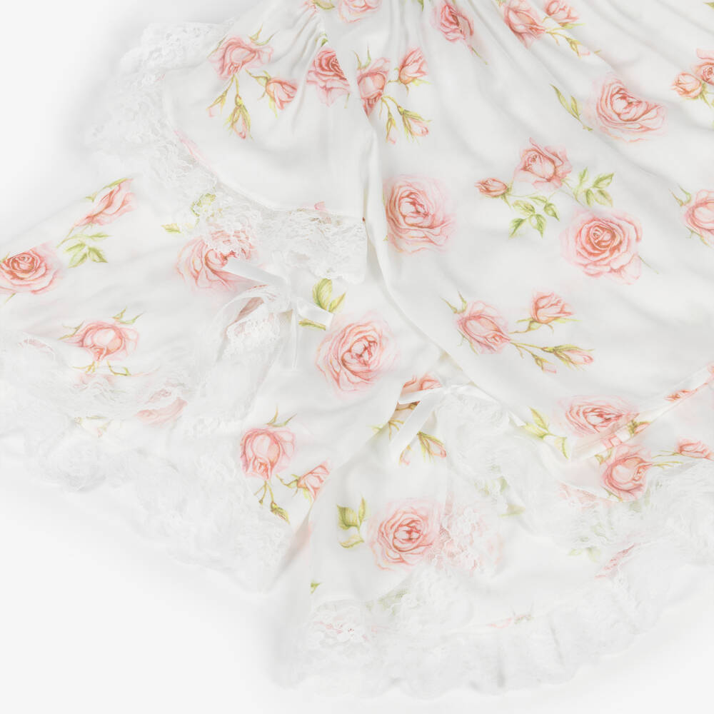 AMIKI Children-Girls White & Pink Rose Print Pyjamas with Lace Trims | Childrensalon