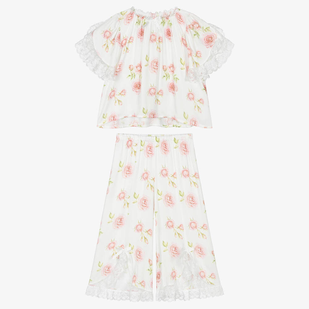 AMIKI Children-Girls White & Pink Rose Print Pyjamas with Lace Trims | Childrensalon