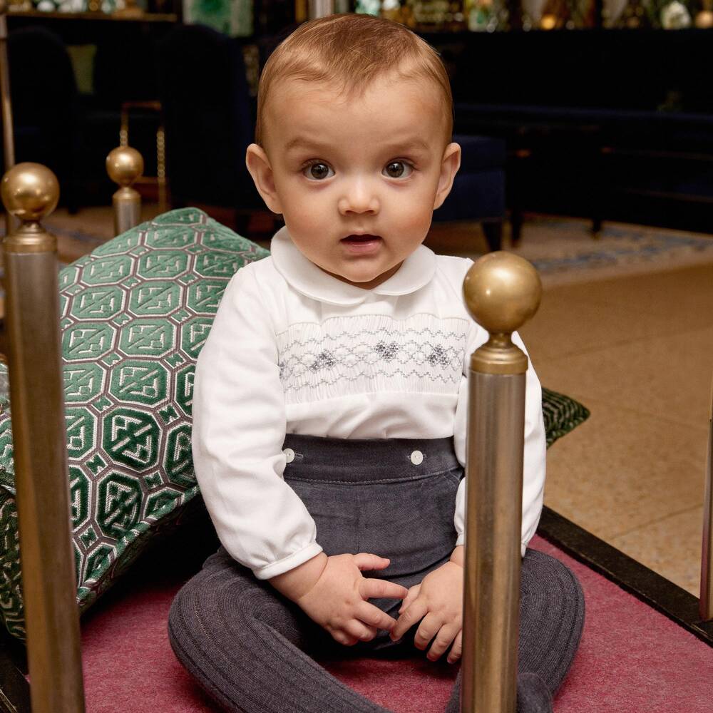 Ancar-Baby Boys White & Grey Velvet Buster Suit | Childrensalon