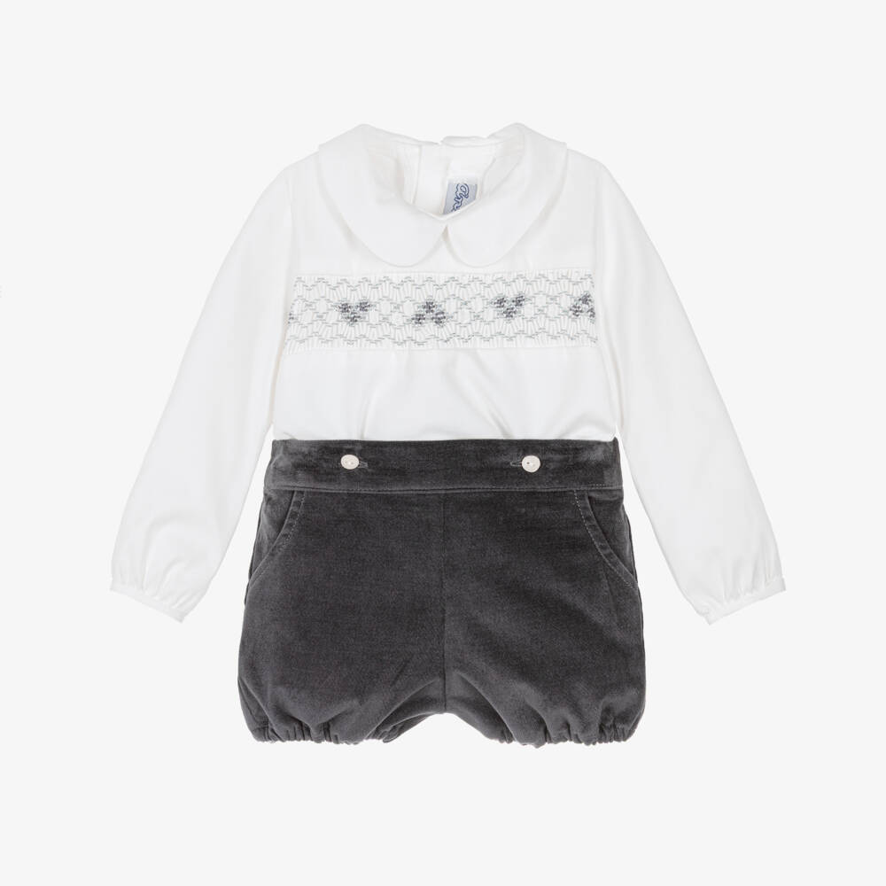 Ancar-Baby Boys White & Grey Velvet Buster Suit | Childrensalon