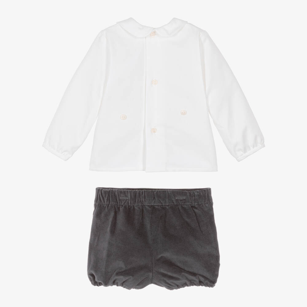 Ancar-Baby Boys White & Grey Velvet Buster Suit | Childrensalon