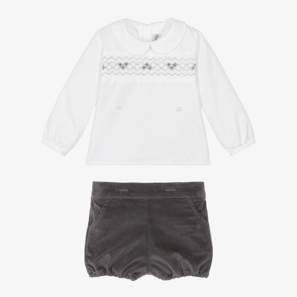 Ancar-Baby Boys White & Grey Velvet Buster Suit | Childrensalon