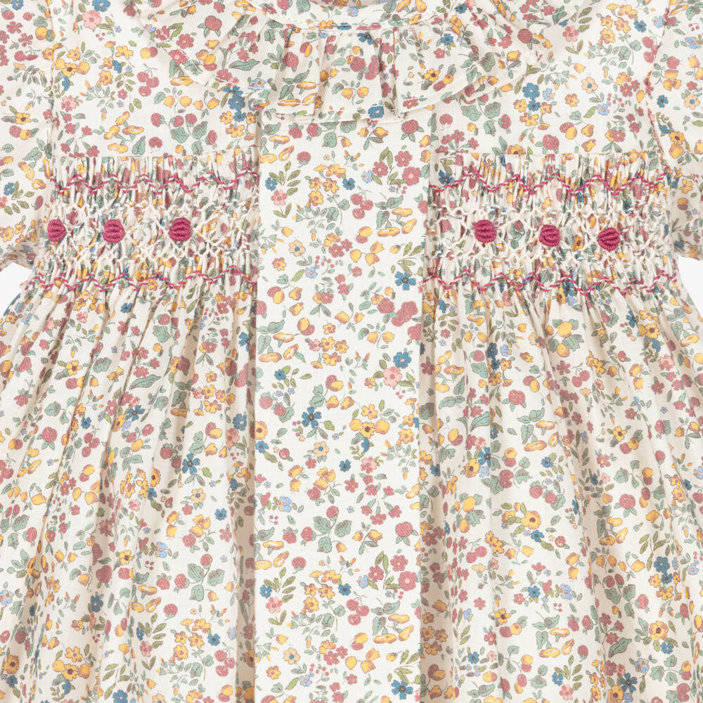 Ancar-Baby Girls Ivory Floral Print Smocked Cotton Dress | Childrensalon