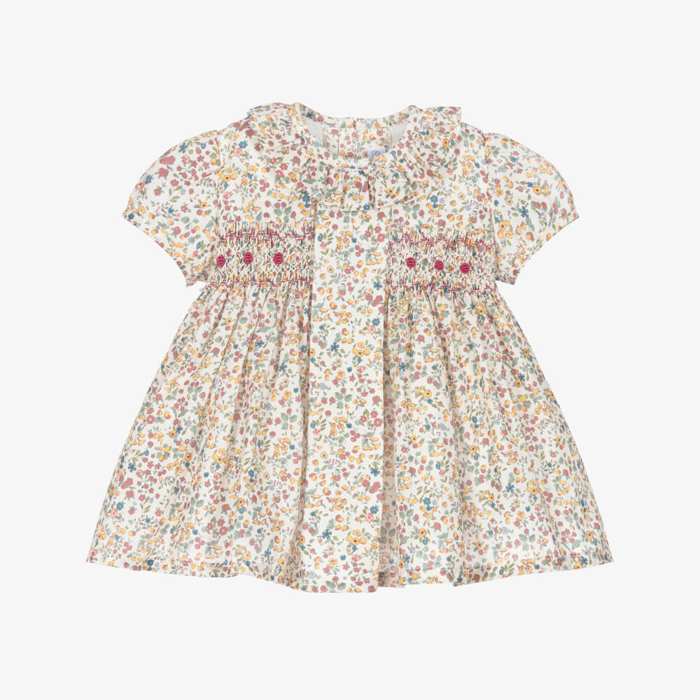 Ancar-Baby Girls Ivory Floral Print Smocked Cotton Dress | Childrensalon