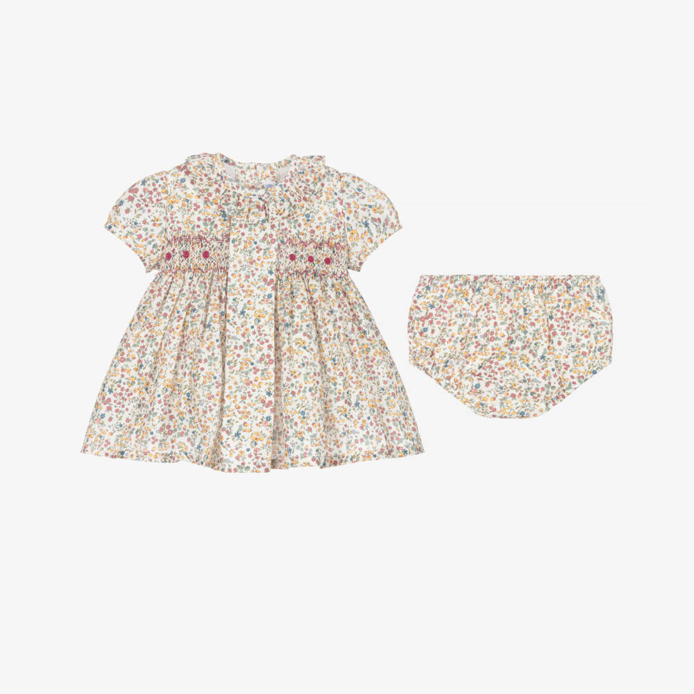 Ancar-Baby Girls Ivory Floral Print Smocked Cotton Dress | Childrensalon