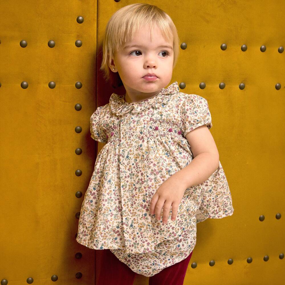Ancar-Baby Girls Ivory Floral Print Smocked Cotton Dress | Childrensalon