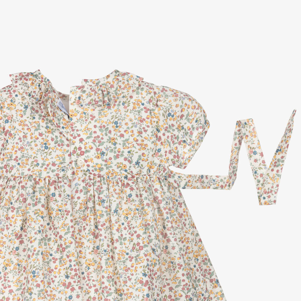 Ancar-Baby Girls Ivory Floral Print Smocked Cotton Dress | Childrensalon