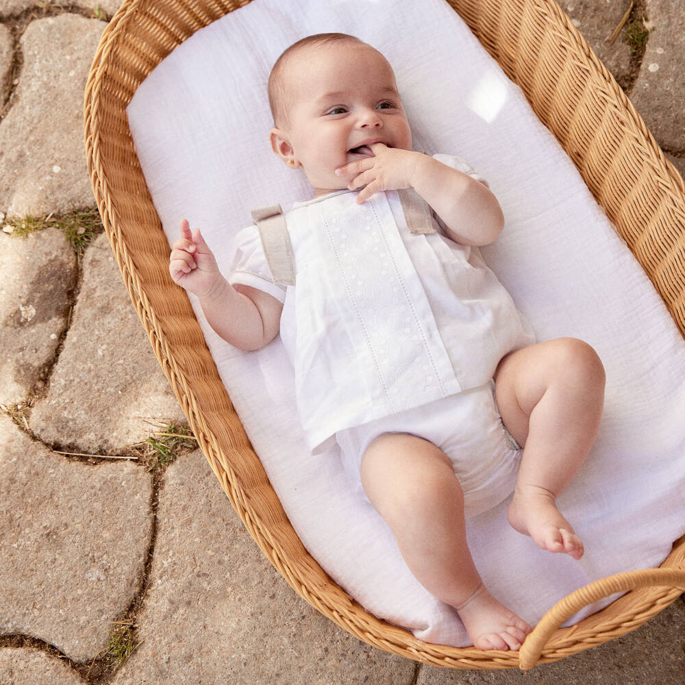 Ancar-Baby Girls Ivory Linen & Cotton Embroidered Dress with Bows | Childrensalon