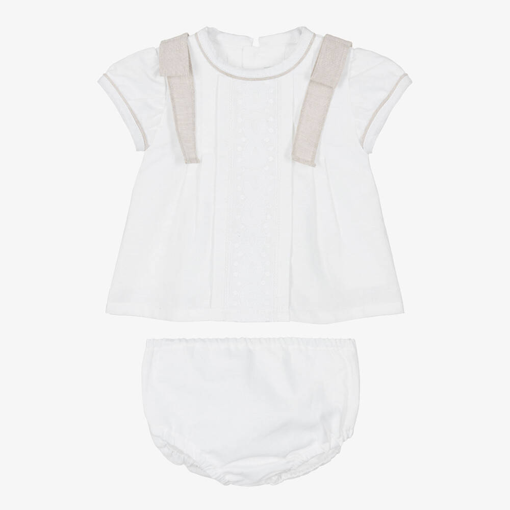 Ancar-فستان كتان وقطن مزين بفيونكات لون عاجي للبنات الرضع | Childrensalon