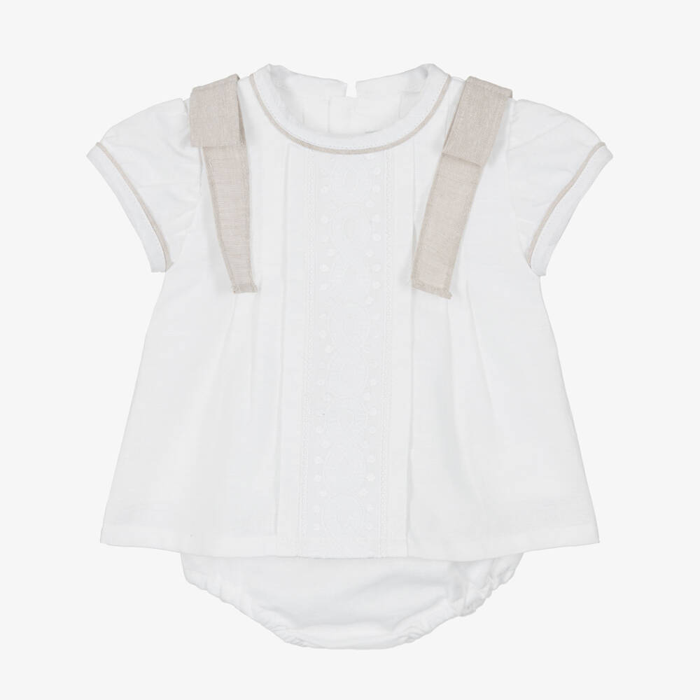 Ancar-Baby Girls Ivory Linen & Cotton Embroidered Dress with Bows | Childrensalon