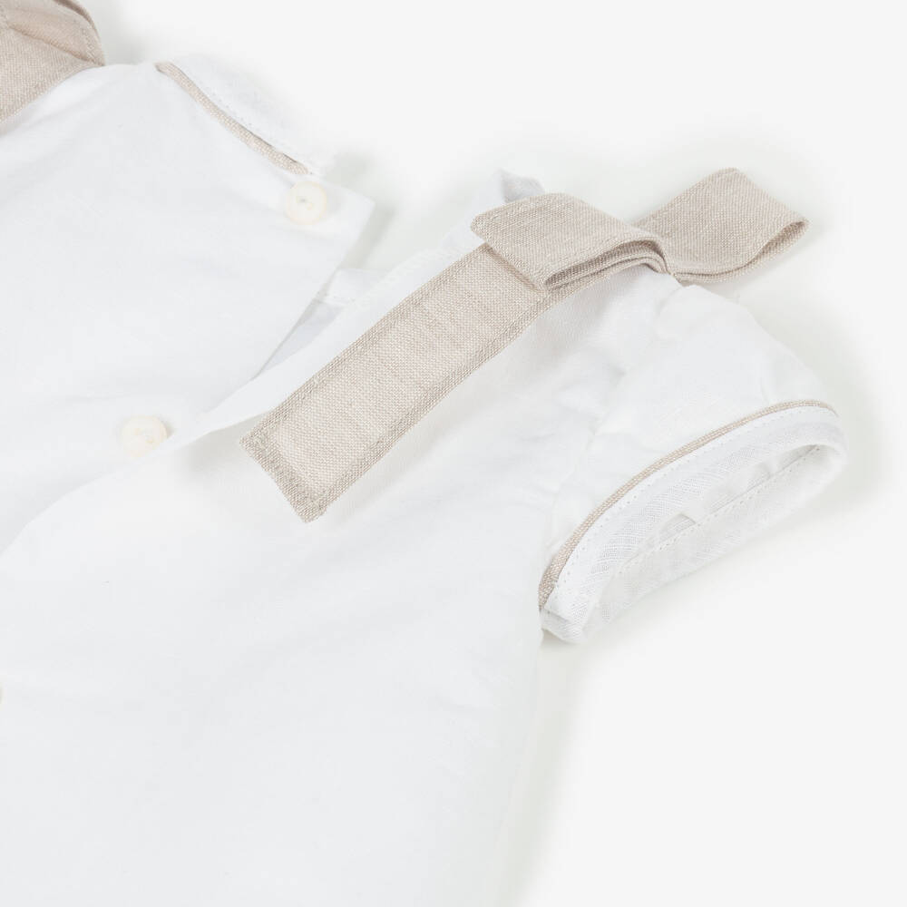 Ancar-Baby Girls Ivory Linen & Cotton Embroidered Dress with Bows | Childrensalon