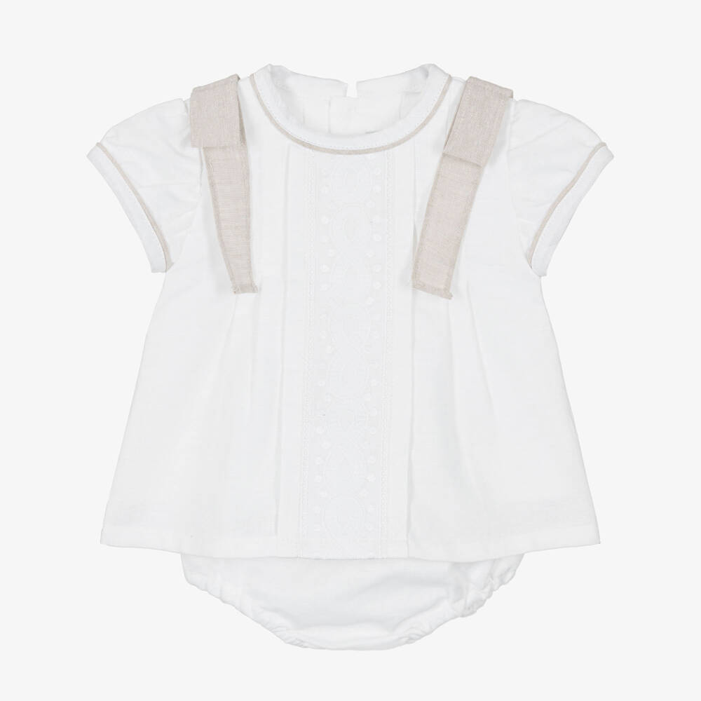 Ancar-Baby Girls Ivory Linen & Cotton Embroidered Dress with Bows | Childrensalon