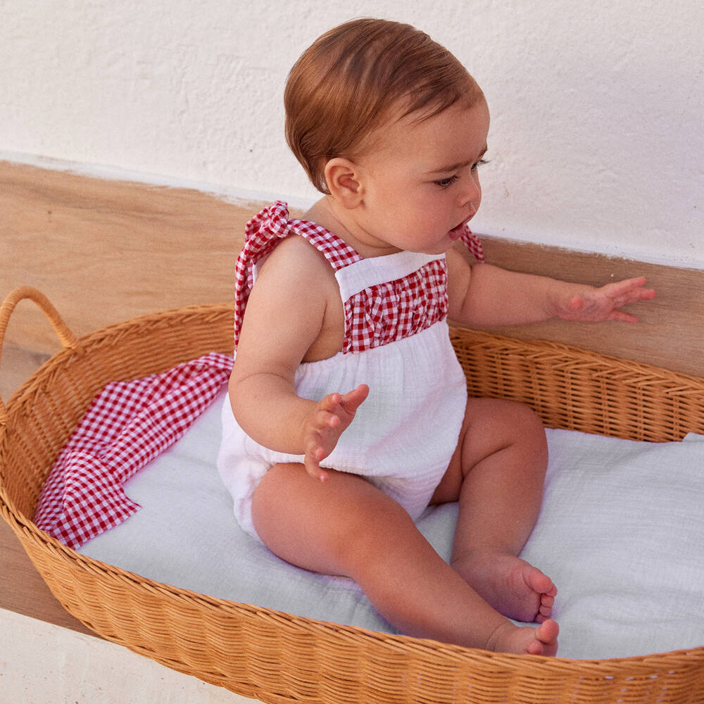 Ancar-Baby Girls White & Red Gingham Cotton Shortie | Childrensalon
