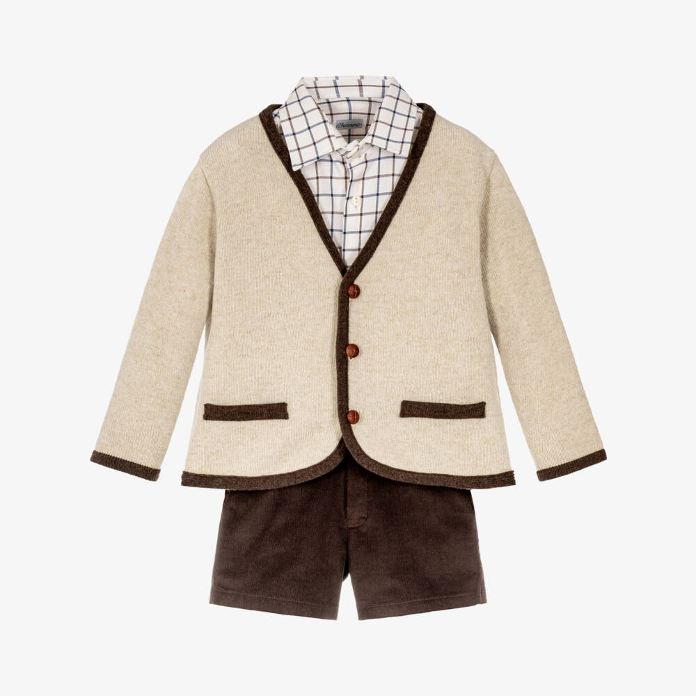 Ancar-Boys Beige & Brown Corduroy Shorts Set | Childrensalon