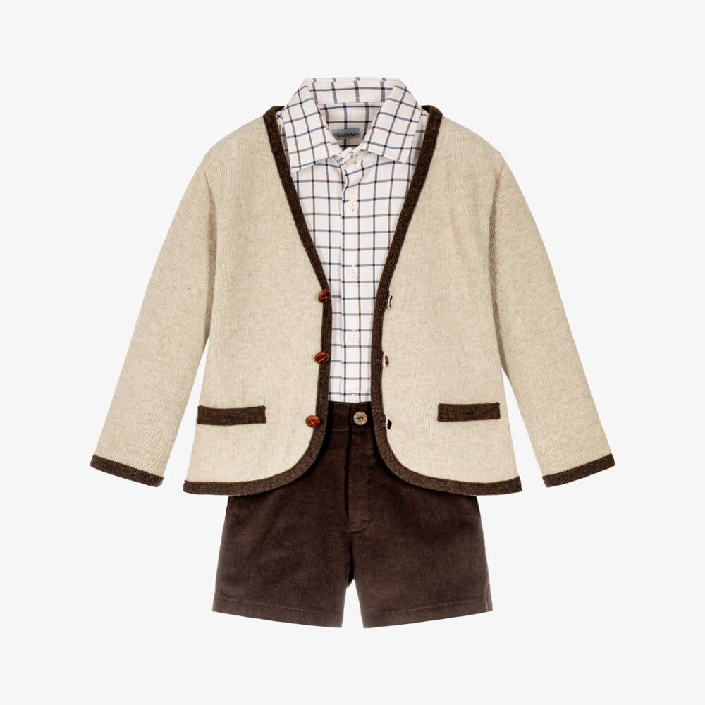 Ancar-Boys Beige & Brown Corduroy Shorts Set | Childrensalon