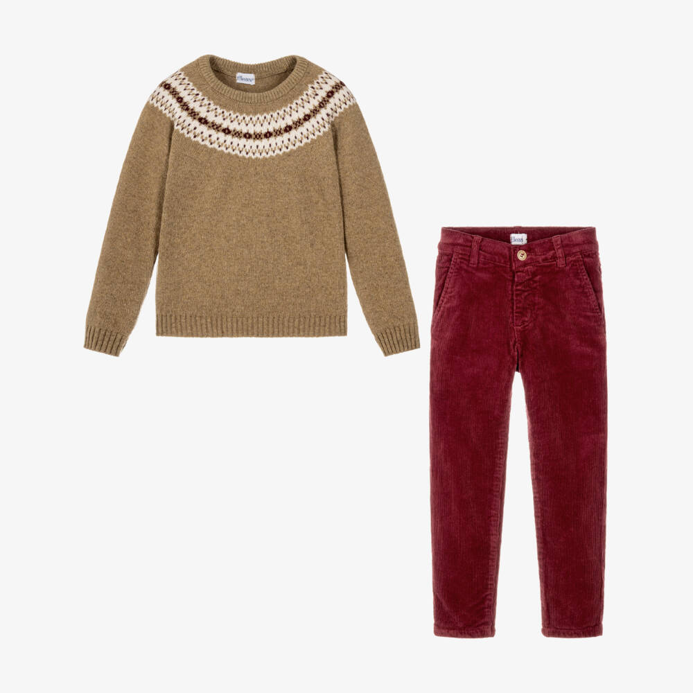 Ancar-Boys Beige & Burgundy Corduroy Trouser Set | Childrensalon