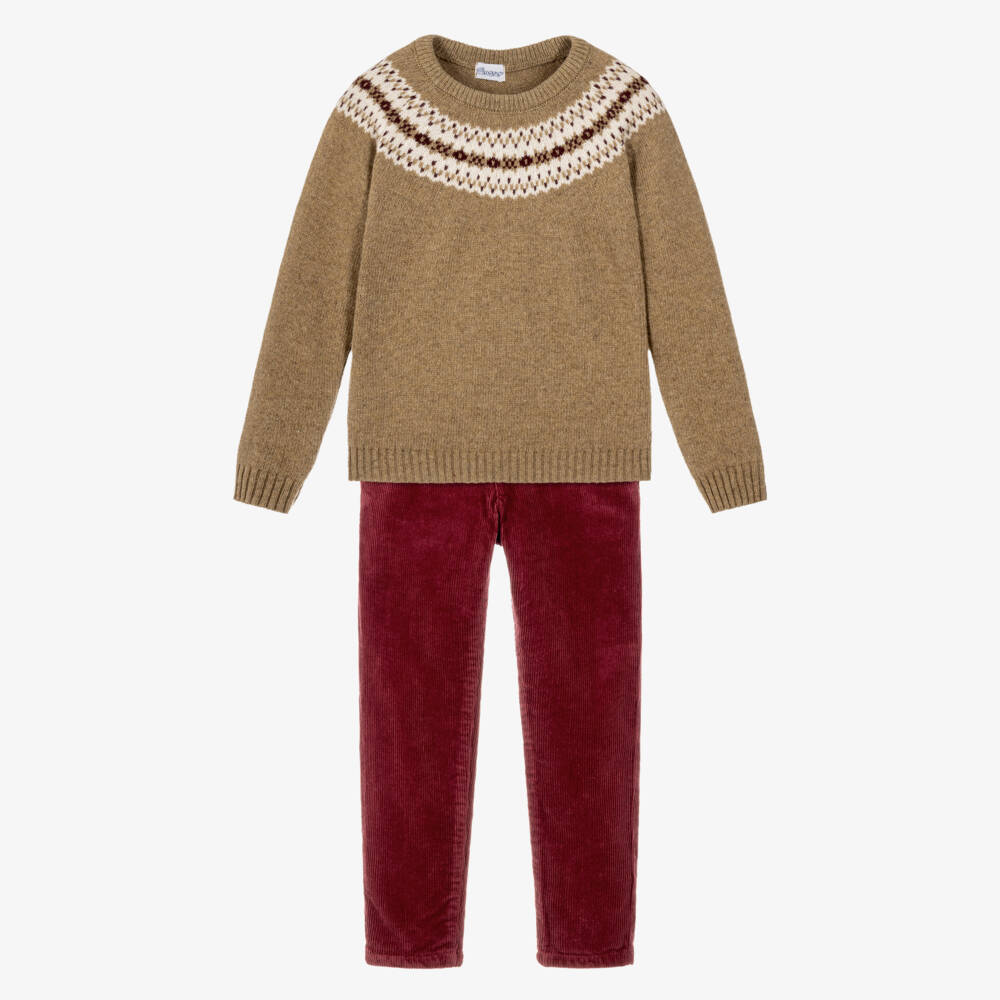Ancar-Boys Beige & Burgundy Corduroy Trouser Set | Childrensalon