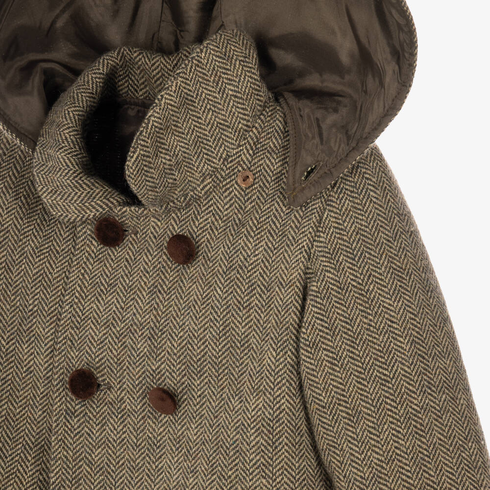 Ancar-Boys Brown Herringbone Coat with Detachable Hood | Childrensalon