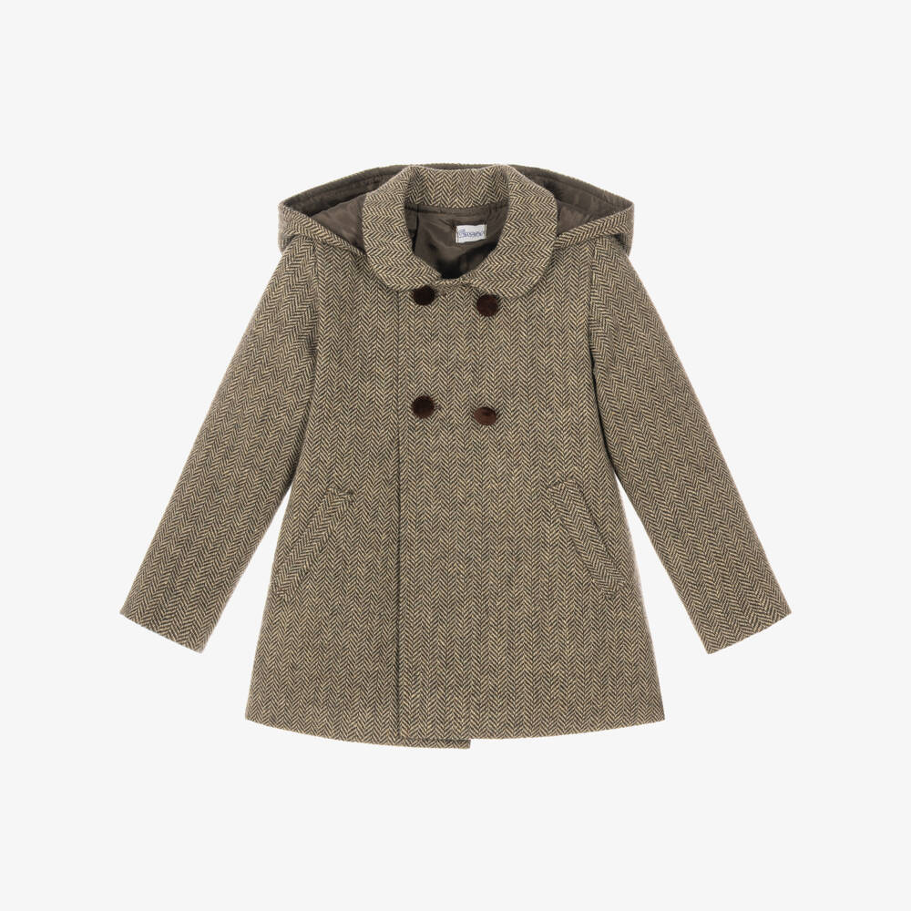 Ancar-Boys Brown Herringbone Coat with Detachable Hood | Childrensalon