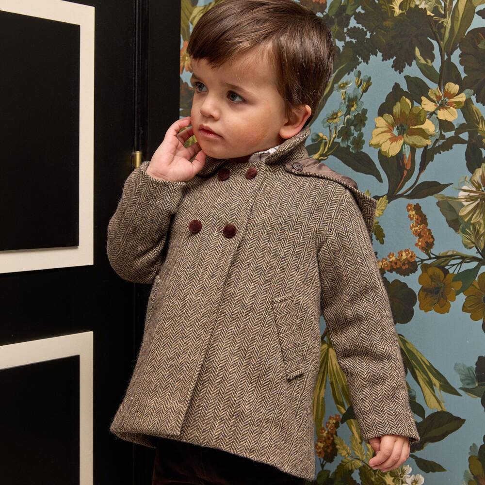 Ancar-Boys Brown Herringbone Coat with Detachable Hood | Childrensalon