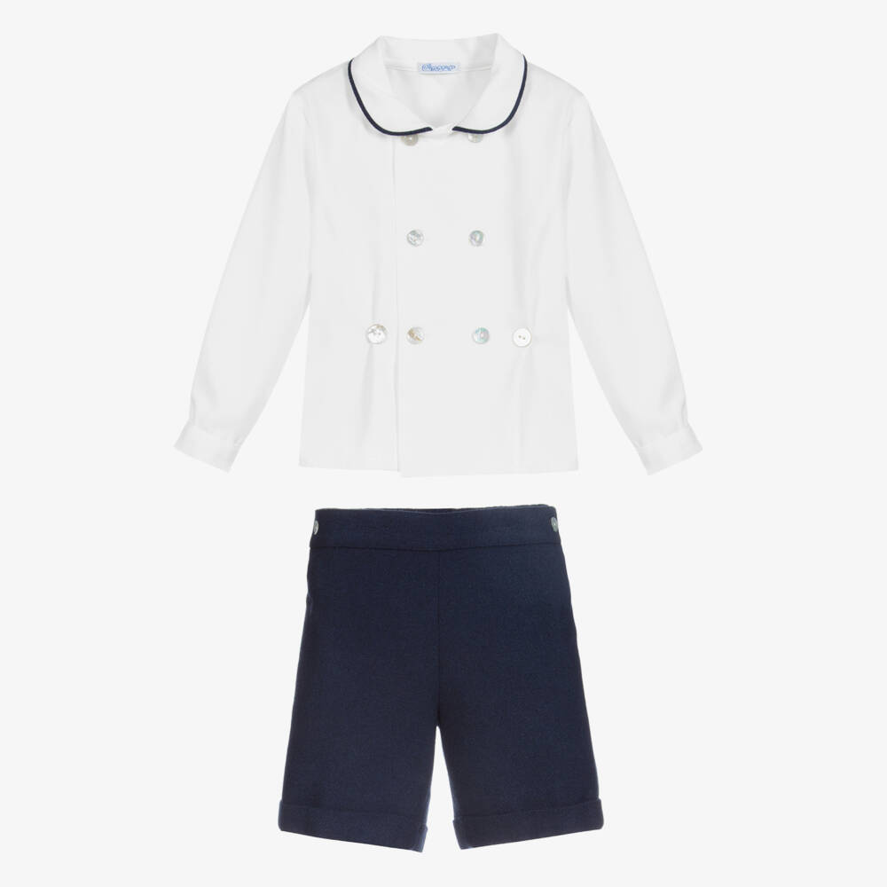 Ancar-Boys Navy Blue & White Cotton & Wool Buster Suit | Childrensalon