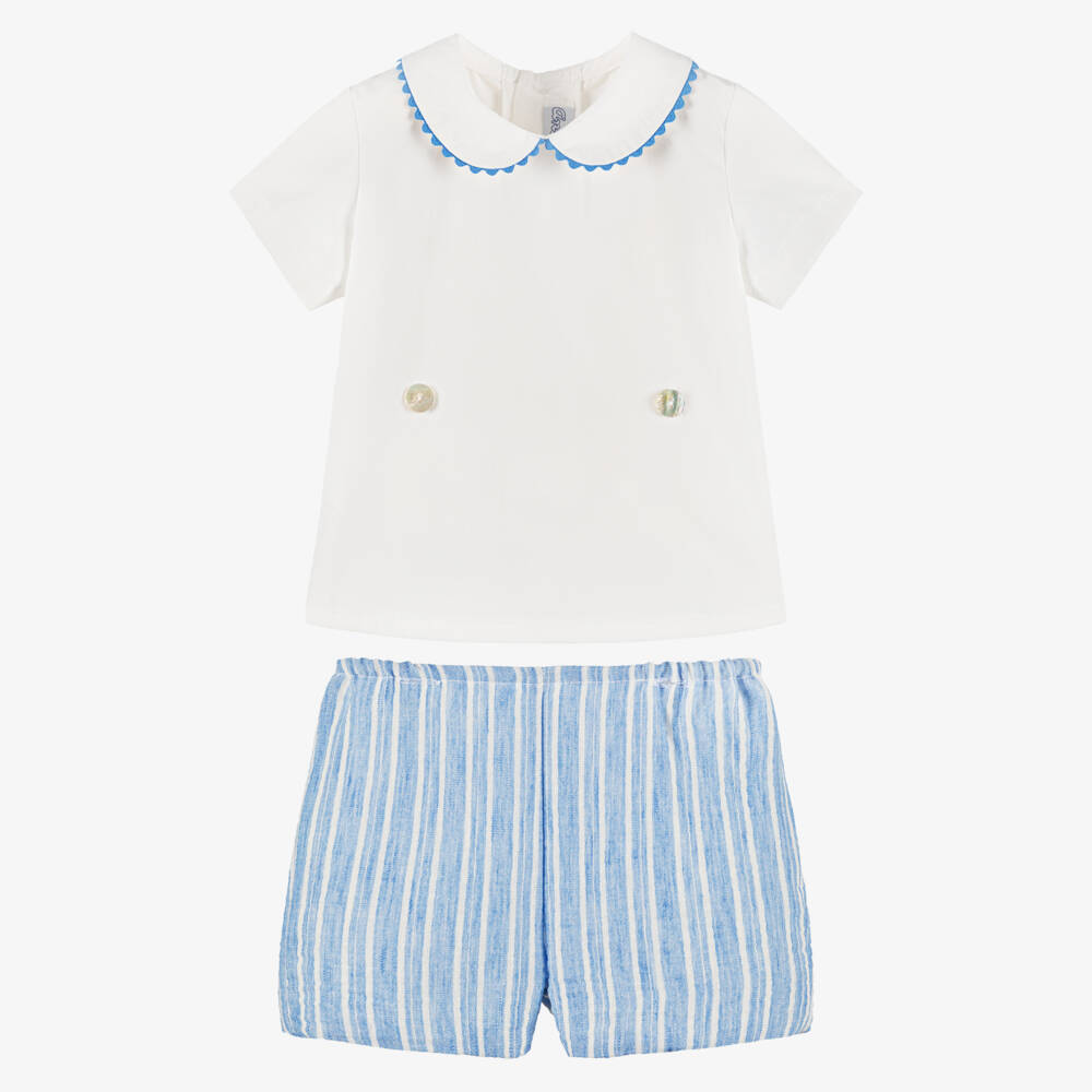 Ancar-Boys Pale Blue Seersucker Buster Suit | Childrensalon