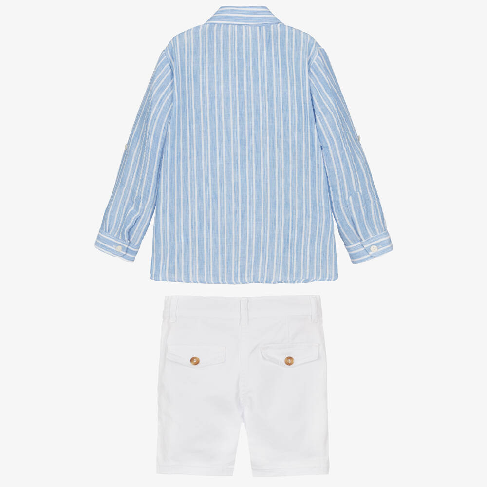 Ancar-Boys Pale Blue Striped Shirt & White Cotton Shorts Set | Childrensalon