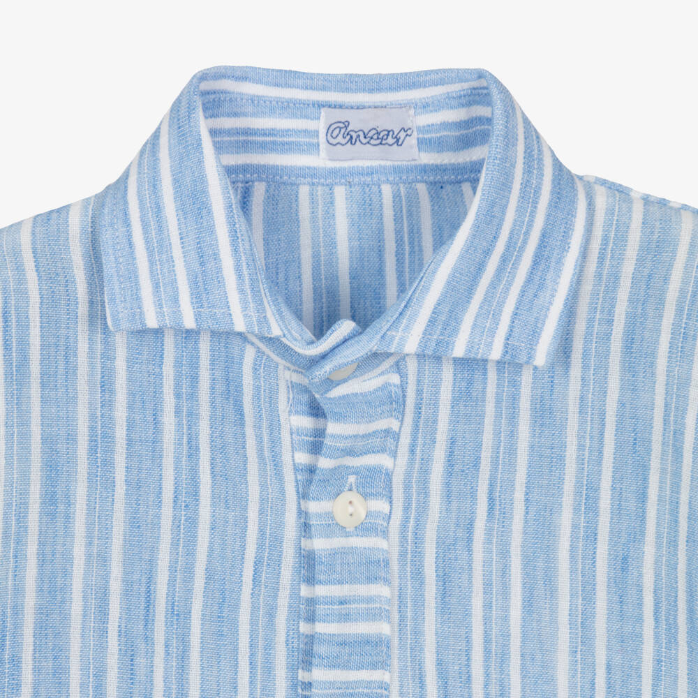 Ancar-Boys Pale Blue Striped Shirt & White Cotton Shorts Set | Childrensalon