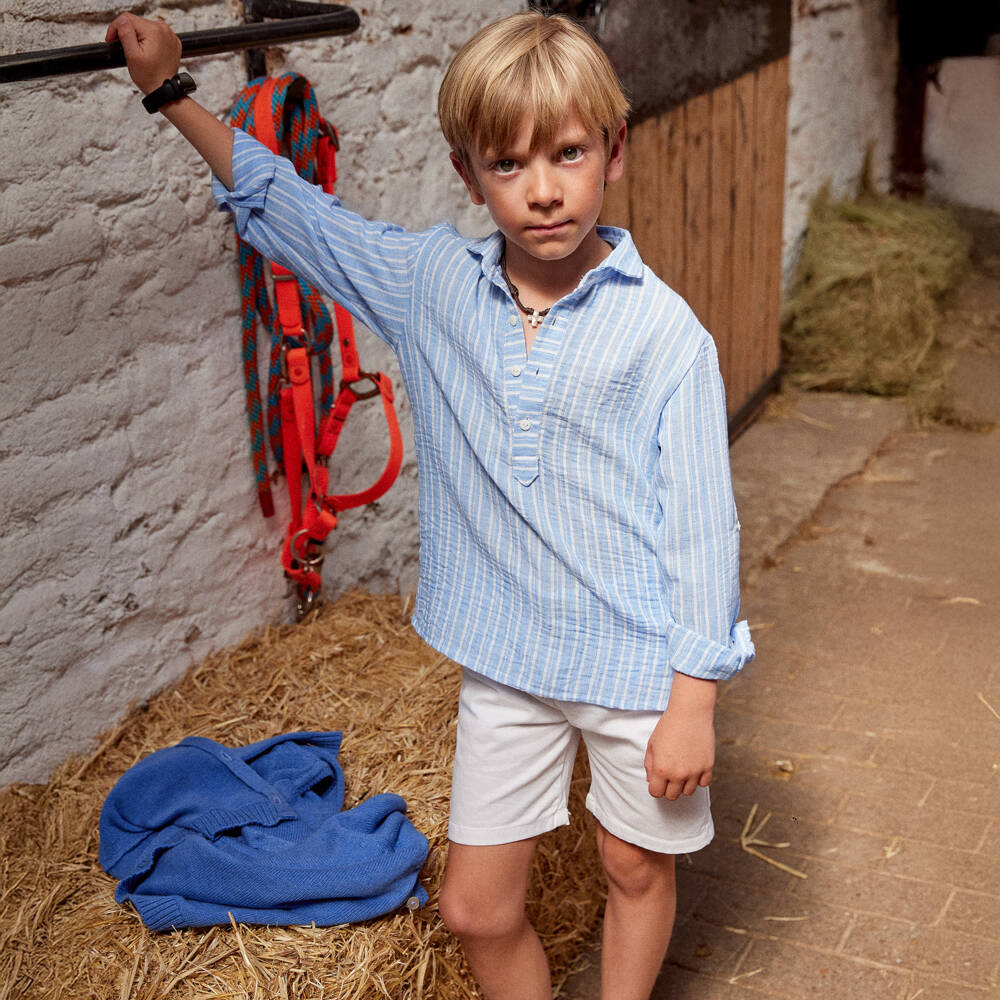Ancar-Boys Pale Blue Striped Shirt & White Cotton Shorts Set | Childrensalon