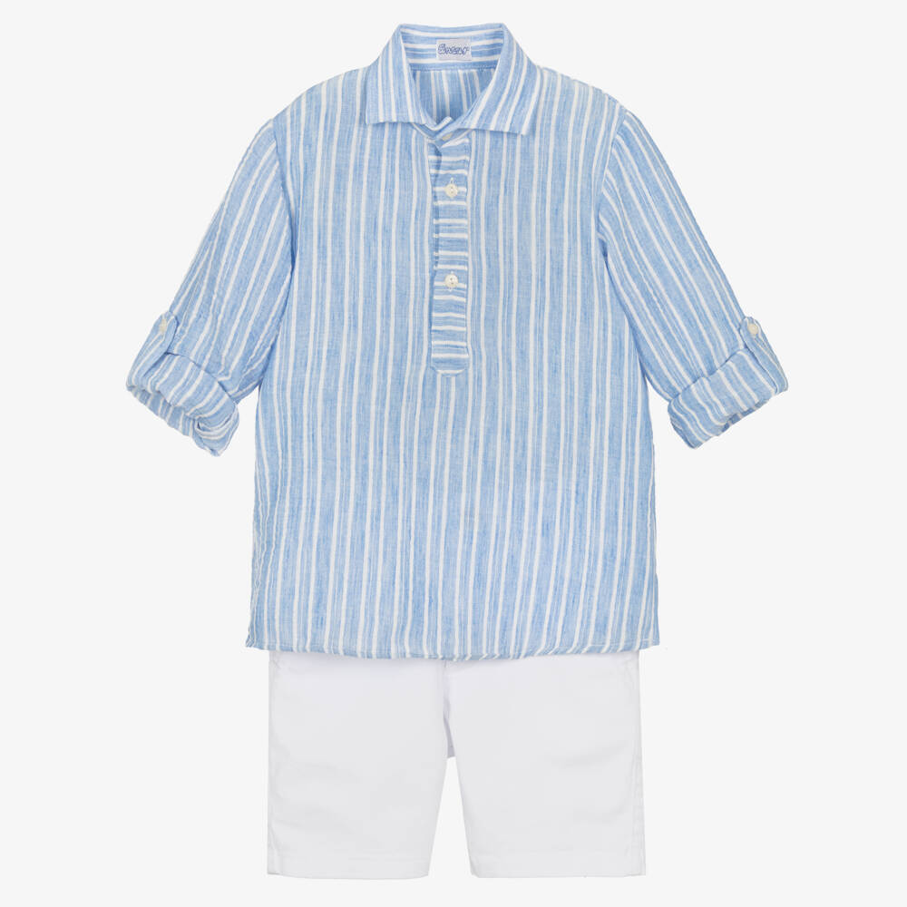 Ancar-Boys Pale Blue Striped Shirt & White Cotton Shorts Set | Childrensalon