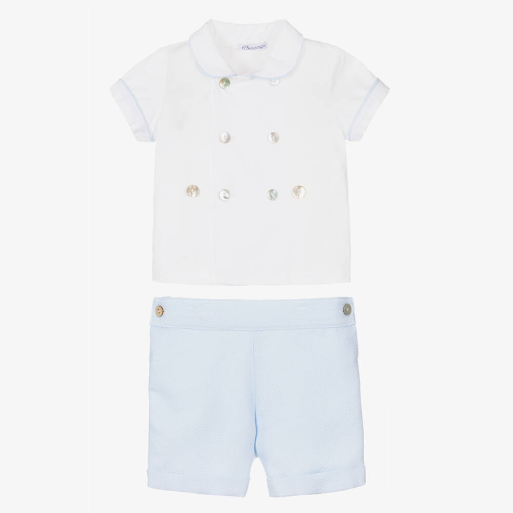 Ancar-Boys Pale Blue & White Cotton Buster Suit | Childrensalon