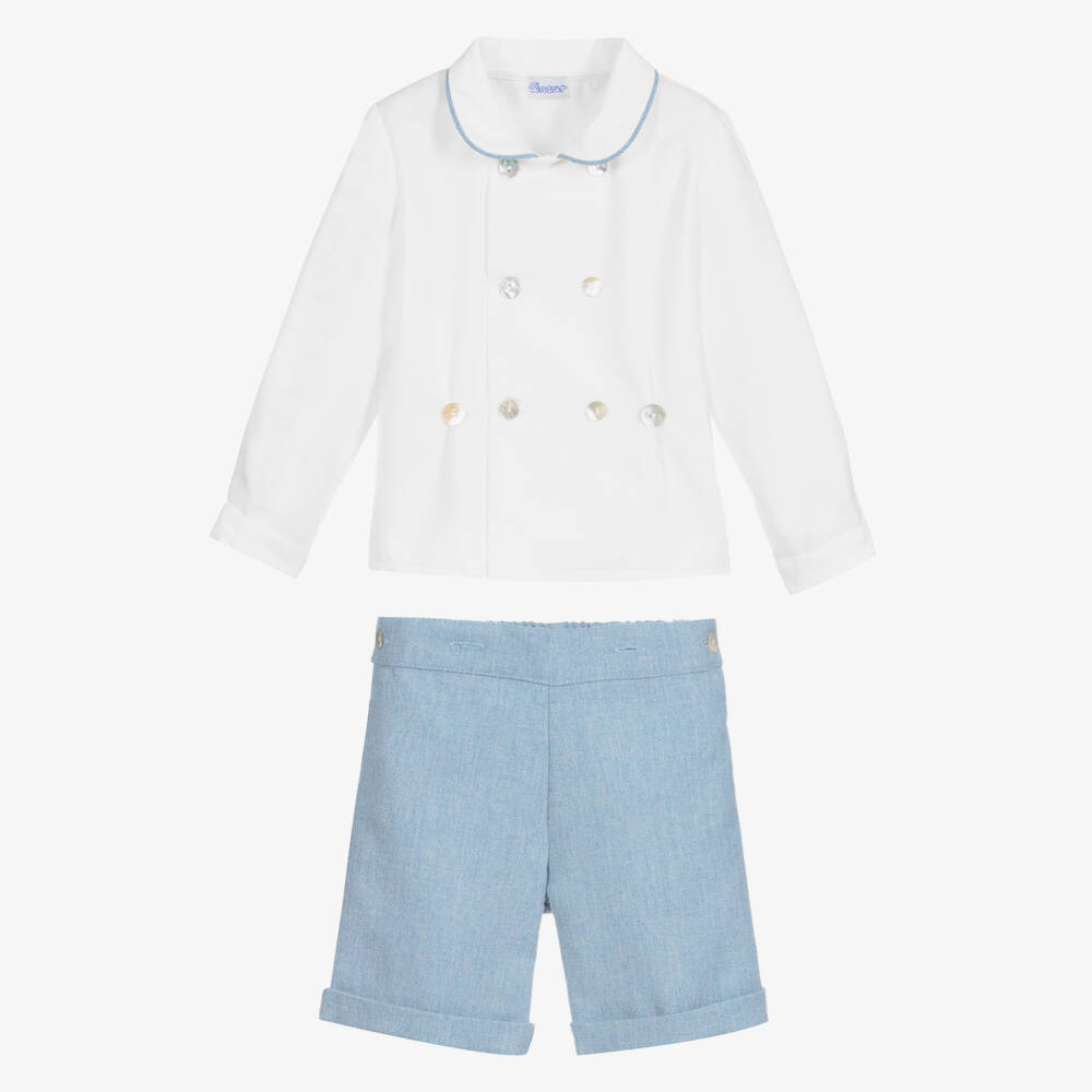 Ancar-Boys Pale Blue & White Cotton & Wool Buster Suit | Childrensalon