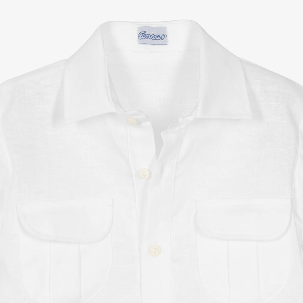 Ancar-Boys White Shirt & Beige Linen Blend Shorts Set | Childrensalon